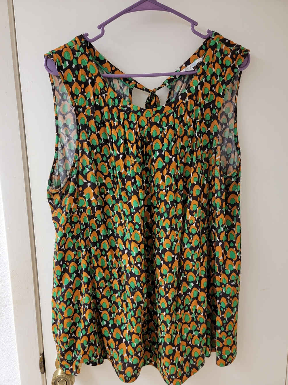 Boden Sleeveless Top With Tieback Neck in Black, Green & Orange Print Euc!